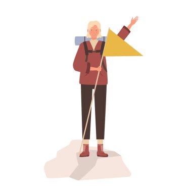 Dağda bayrak tutan kadın turist. Sırt çantası vektör illüstrasyonuyla yürüyüş