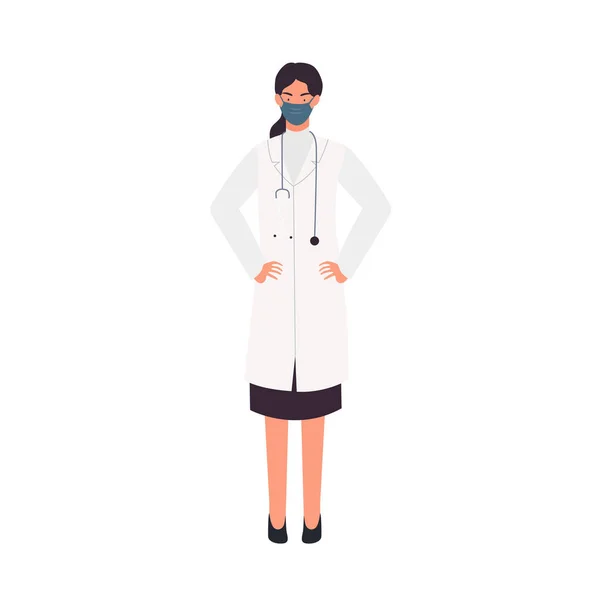 Female Doctor Wearing Medical Mask Medical Worker Hands Hips Vector — Vetor de Stock