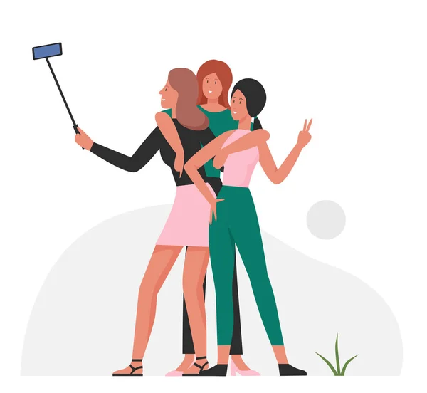 Bir Grup Kız Arkadaş Selfie Çekiyor Birlikte Zaman Geçirmek Vektör — Stok Vektör