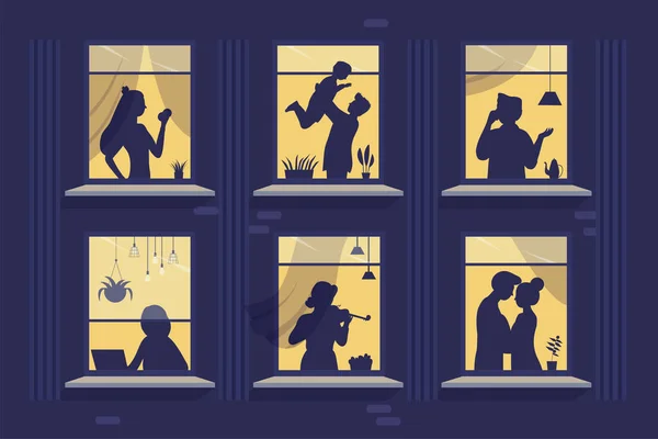Окна Домов Силуэтами Людей Соседствуют Векторной Иллюстрацией Занавесок Мультфильм Жизненные — стоковый вектор