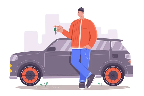 Happy Man Buying New Car Vector Illustration Cartoon Male Driver — Stock Vector