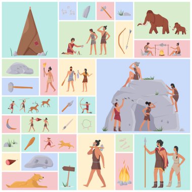 Antik tarih öncesi insanlar, hayvanlar ve aletler vektör illüstrasyonunu ayarladı. Çizgi film avcıları, kabile elbiseli kadın ve erkek, geometrik kolaj geçmişi olan ilkel mağara adamı kabilesi
