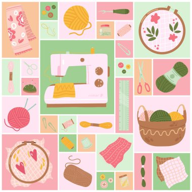 Needlework, art hobby set vector illustration. Cartoon sewing, embroidery tools and equipment, basket with spools, button and coil of woolen thread for knitting in geometric collage background