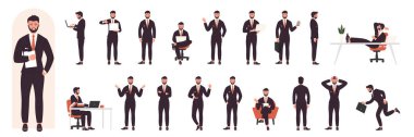 Çeşitli pozlardaki meşgul iş adamı karakteri vektör illüstrasyonunu ayarlar. Çizgi film girişimcisi masada oturuyor, ofis çalışanı konferans hakkında konuşuyor, ticari planın sunumu beyaza izole edilmiş.
