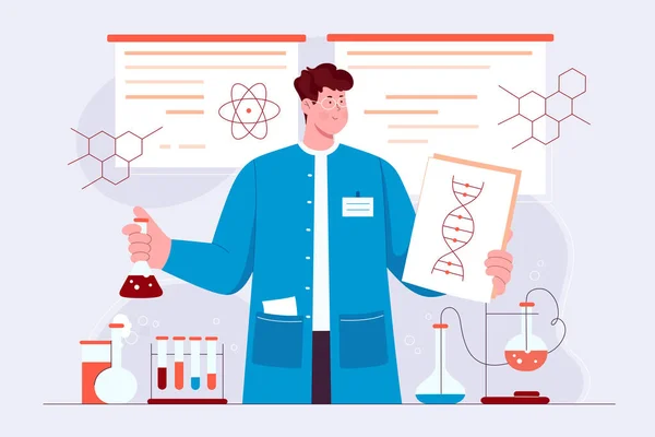 Genetic Research Scientific Experiment Laboratory Cartoon Scientist Character Holding Dna — Archivo Imágenes Vectoriales