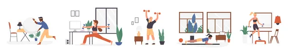 Home Sport Workout Young Old People Set Vector Illustration Cartoon — Image vectorielle