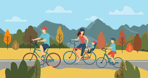 Happy Family Enjoying Bike Ride Autumn Nature Together Vector Illustration — Vector de stock