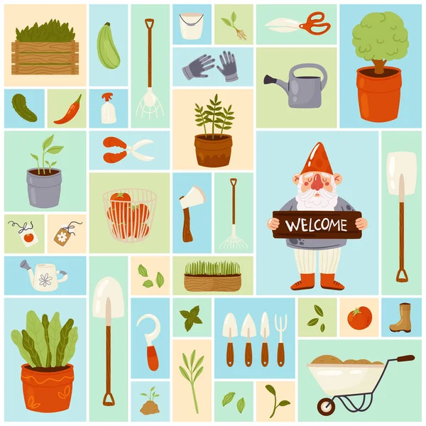 Farmers Tools Home Garden Equipment Set Vector Illustration Cartoon Different — ストックベクタ