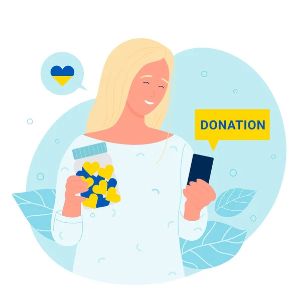 Woman Holding Charity Jar Hearts Yellow Blue Colors Ukrainian Flag — стоковый вектор