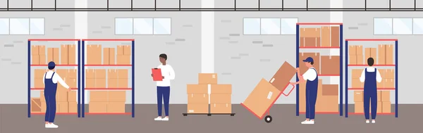 Factory Warehouse Management Goods Distribution Process Cartoon Quality Control Manager — Διανυσματικό Αρχείο