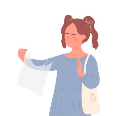 Plastik yerine eko kullanan küçük bir kız. Çevre koruma ve atık tasnif vektörü
