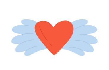 Kanatlı kalp. Sevgililer Günü kutlaması, romantizm ve çift aşk vektörü çizimi