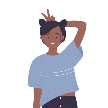 Genç kız acayip komik bir ruh hali içinde. Mutlu el hareketleri ve yüz ifadesi vektör çizimi