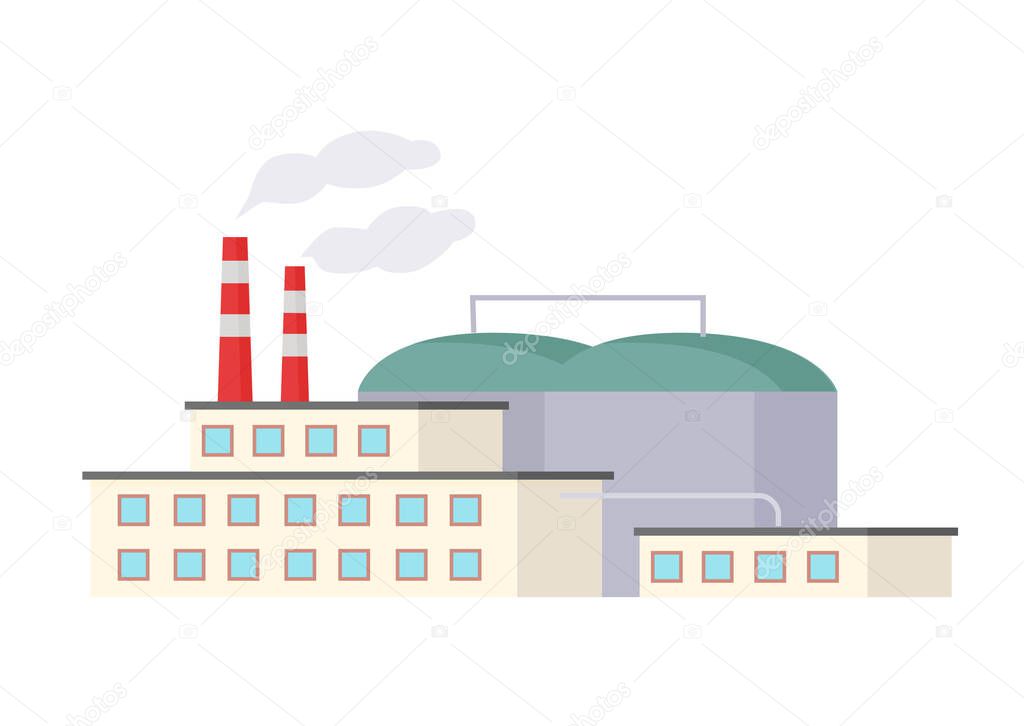 Manufacturing industrial building. Factory pipes with smoke, power plant vector illustration