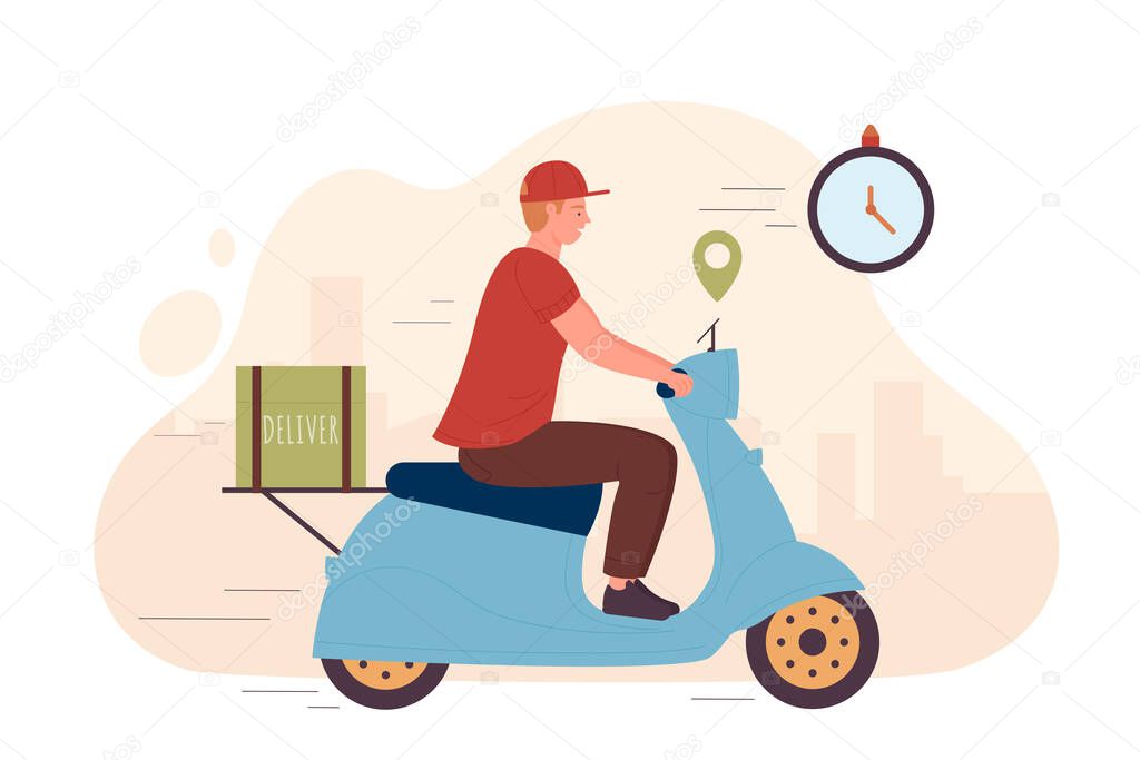 Express delivery service, deliveryman riding scooter fast to deliver orders from cafe, shop or restaurant. Cartoon tiny boy courier on moped and clock flat vector illustration. Shipment concept