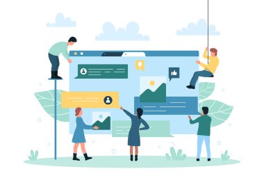 Sosyal medyada sohbet, doğrudan mesajlar için yazılım. Çizgi filmlerdeki minik insanlar sanal servis düz vektör çizimi kullanarak diyalog baloncukları ve resimler tutuyorlar. İletişim, SMS konsepti