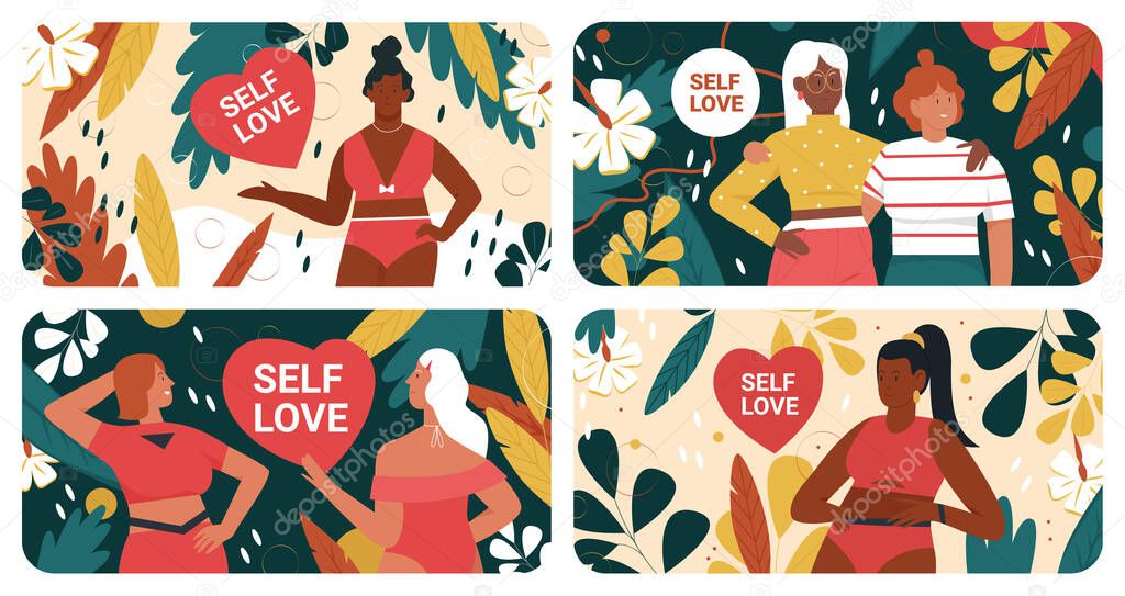 Self love, body positive acceptance and confidence healthy concept vector illustration set. Cartoon beautiful female characters hug, care and help each other, mental health and feminism background