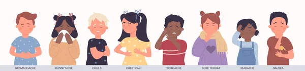 Sick Kids Set Name Medical Symptom Infographic Vector Illustration Cartoon —  Vetores de Stock