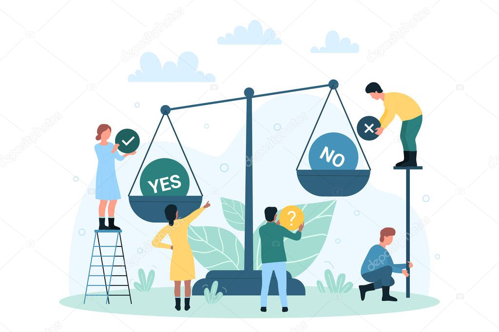 Comparison of yes and no choice, decisions on balance scales by team of tiny people. Cartoon persons compare minuses and pluses, think about survey flat vector illustration. Business analysis concept