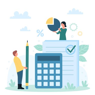 İş muhasebesi, rapor ve bütçe analizi vektör çizimi. Çizgi filmlerdeki küçük insanlar finansal verileri, dengeyi ve nakit akışını, hesap makinesi, çizelge ve kalem ile ofis karakterlerini hesaplar.