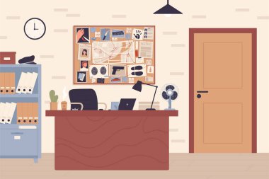 Detective workplace in police office vector illustration. Cartoon homicide department room interior with investigation board, investigators laptop on table, chair and bookcase with safe background