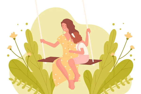 Mom Daughter Sitting Swing Hug Love Vector Illustration Cartoon Happy — стоковый вектор
