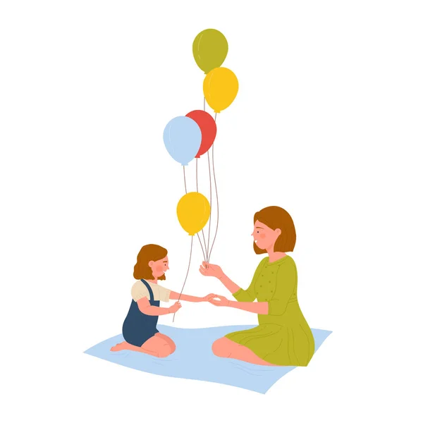 Mother Daughter Holding Balloons Family Celebration Moment Vector Illustration — 图库矢量图片