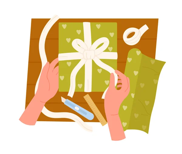 Hands Wrapping Gift Box Handmade Creative Workshop Vector Illustration — Image vectorielle