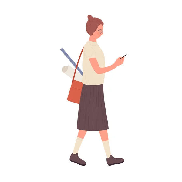 Walking Nerd Girl Smartphone Geek Female Teenager Using Mobile Phone — Διανυσματικό Αρχείο