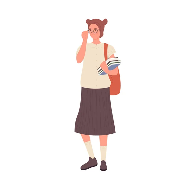 Standing Nerd Girl School Uniform Clever Geek Female Teenager Books — Διανυσματικό Αρχείο