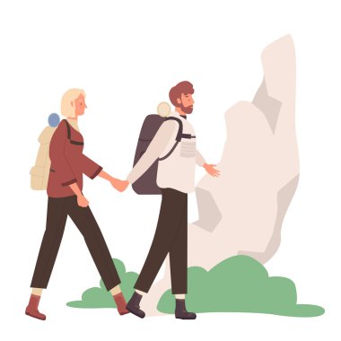 Walking tourists couple with backpacks. Travelling equipment, traveler adventure vector illustration