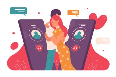 Virtual date of happy couple hugging and standing together. Cartoon girlfriend and boyfriend dating online, using mobile call chat app in phones flat vector illustration. Love, distance concept