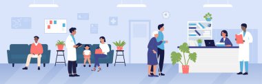 Reception hospital room with visitors, doctor and nurse receptionist vector illustration. Cartoon clients and patients wait appointment or therapy in queue background. Medical service concept