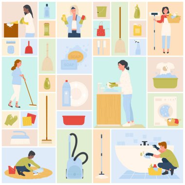 Housekeeping professional staff, tools and equipment set vector illustration. Cartoon worker characters sweeping and washing home in square collage background. Cleanup, service, housework concept