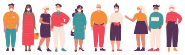 Fat people in medical masks set vector illustration. Cartoon group of overweight man and woman in casual clothes and respirators standing, couple and single person with obesity isolated on white