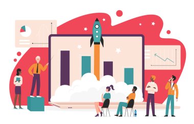 Startup launch, success planning and economic growth presentation by tiny people. Cartoon speed rocket of stock market fast trends rise up into future flat vector illustration. Innovation concept