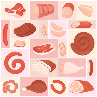 Meat set, fresh raw food products from butchery shop vector illustration. Cartoon beef steak and pork, chicken or turkey leg, ham slices and bacon, salami sausages in geometric collage background