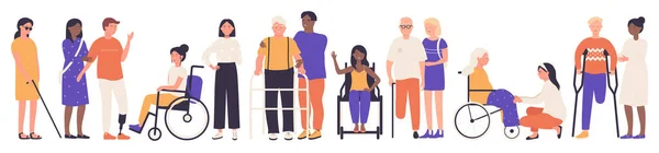 Diverse Multiethnic Group Old Young People Disabilities Set Vector Illustration — Vector de stock