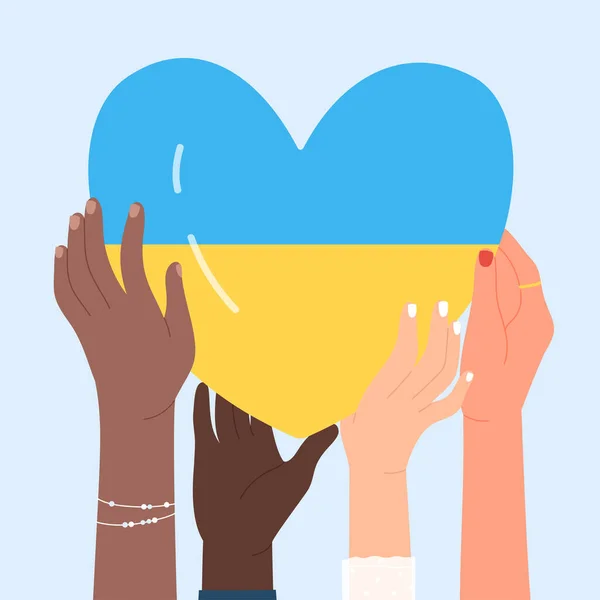Mãos Voluntários Segurando Coração Com Bandeira Ucraniana Juntos Apoio Assistência — Vetor de Stock