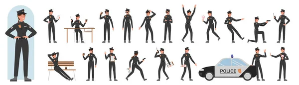 Female Police Officer Character Poses Set Vector Illustration Cartoon Young — Archivo Imágenes Vectoriales