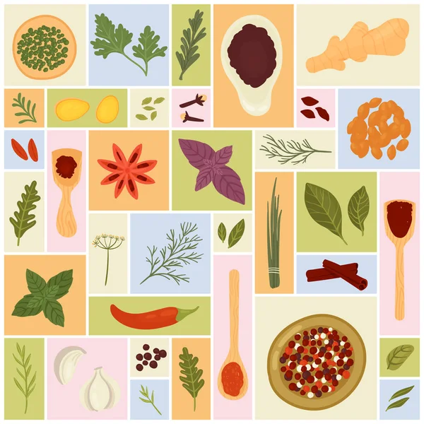 Herbs, spices, condiments and food ingredients set vector illustration. Cartoon dry and fresh plants, top view of wooden spoon or bowl with powder, whole seeds in geometric collage background