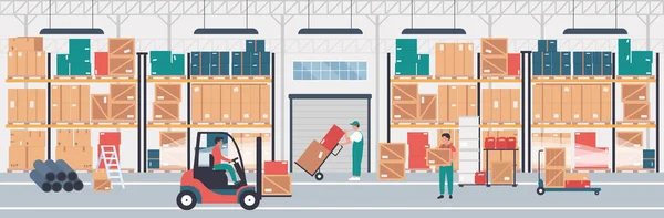 Warehouse Distribution Service Storage Cartoon Workers Carry Cardboard Boxes Man — Stockový vektor