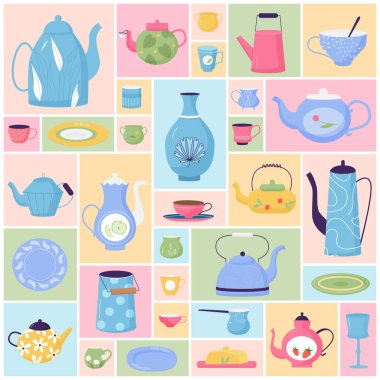 Vintage cute tableware set for afternoon tea time vector illustration. Cartoon home or cafe dinnerware collection with teapot teacup cup kettle bowl butter dish in geometric collage background