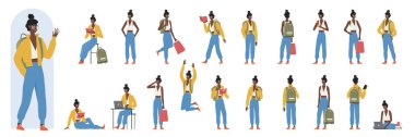 Cartoon girl studying, teenager sitting at table with laptop, walking with book and school bag and smiling. African american black female student character poses and actions set vector illustration
