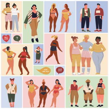 Happy body positive people set vector illustration. Cartoon portraits of fat characters of different figure types and shapes, skin colors standing together in row, geometric collage background