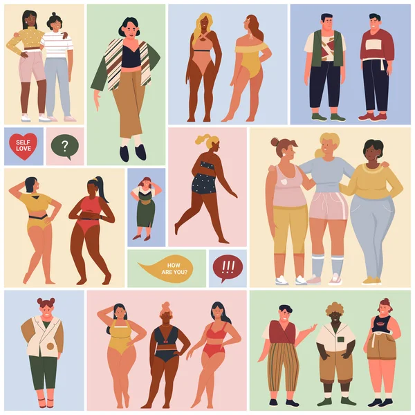 Happy Body Positive People Set Vector Illustration Cartoon Portraits Fat — Stockvector