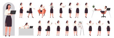 Busy businesswoman character in office work set vector illustration. Cartoon young female clerk in formal outfit presenting documents and business vision, showing various poses isolated on white