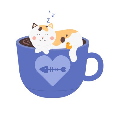 Coffee cat poster. Adorable kitten sleep in catpuccino coffee cup vector concept isolated in white background