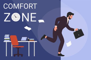 Businessman leaving comfort zone of office workplace. Cartoon man in suit with briefcase running away from table with laptop and paperwork to change and start new life flat vector illustration