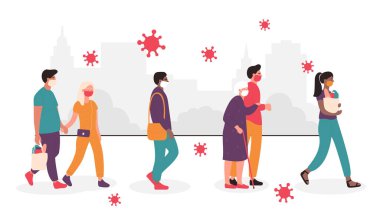 Crowd of people in medical masks on faces walk at distance on abstract city street. Cartoon diversity group of characters protecting health from respiratory viruses attack flat vector illustration